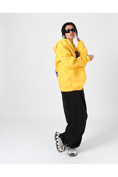 Bak Moda Explicit Back Printed Yellow Oversize Unisex Hooded Sweatshirt