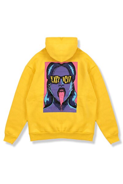 Bak Moda Explicit Back Printed Yellow Oversize Unisex Hooded Sweatshirt