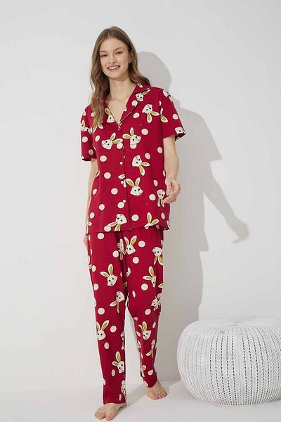 Siyah İnci Burgundy Rabbit Patterned Cotton Buttoned Knitted Pajama Set
