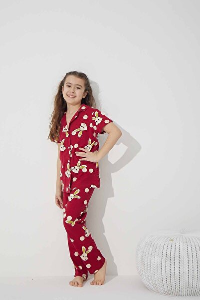 Siyah İnci Σετ πιτζάμες με πλεκτό βαμβακερό σχέδιο με μπορντό κουνέλι