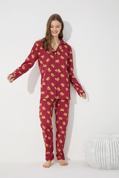 Siyah İnci Burgundy Teddy Bear Patterned Cotton Buttoned Pajama Set