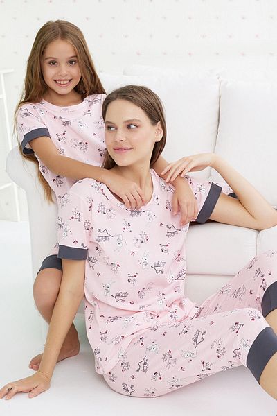 Siyah İnci Cotton Short Sleeve Capri Set