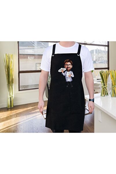 Bk Gift Kişiye Özel Erkek Chef Karikatürlü Profesyonel Siyah Mutfak Önlüğü, A...