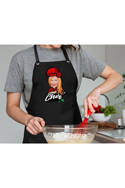 Bk Gift Kişiye Özel Kadın Chef Karikatürlü Profesyonel Siyah Mutfak Önlüğü, A...