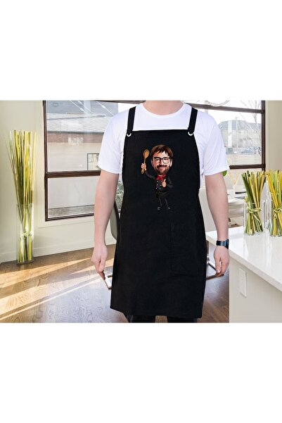 Bk Gift Kişiye Özel Erkek Chef Karikatürlü Profesyonel Siyah Mutfak Önlüğü, A...