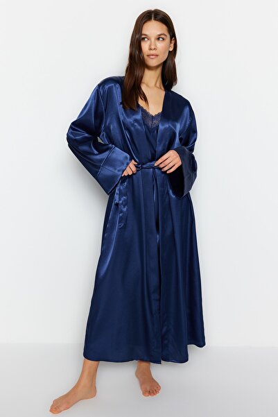 Trendyol Collection Indigo Belted Satin Woven Dressing Gown THMSS23SB00006