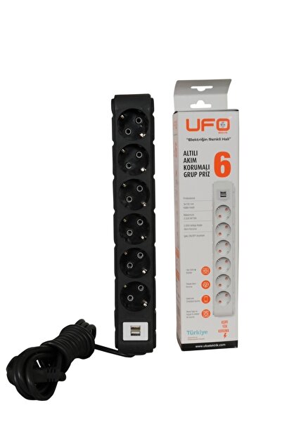 UFO Akım Korumalı Grup Priz 3 Mt Siyah 6’lı Ve 2’li Usb Şarj Aleti 2500 Watt
