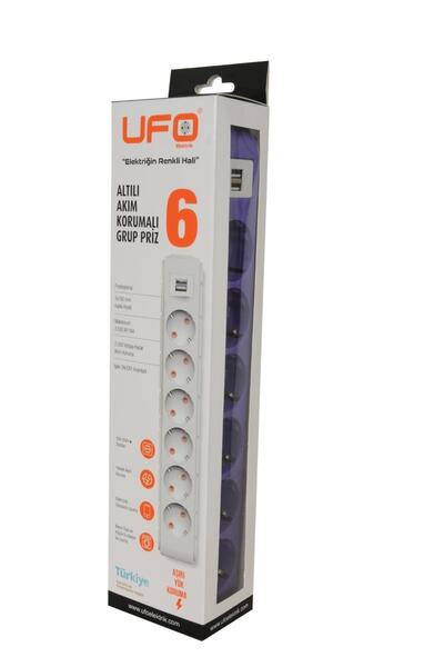 UFO Akım Korumalı Grup Priz 2 Mt Mor 6’lı Ve 2’li Usb Şarj Aleti 2500 Watt