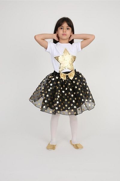 Dıgıl Kids Girl's Gold Star Patterned T-shirt Polka Dot Patterned Skirt Set 23 April 29 October Performance Clothing