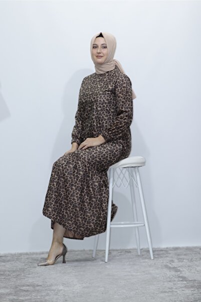 Zey&Ka Butik Büyük Beden Leopar Desen Kadife Elbise