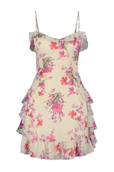 Trendyol Collection Béžové tkané šaty s květinovým potiskem A-line Mini lemované volánky TWOSS20EL1267