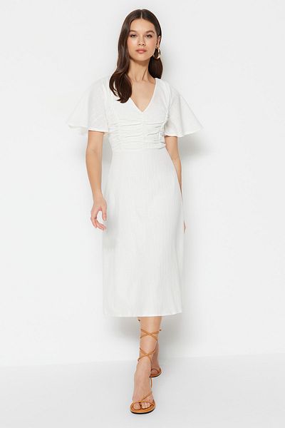 Trendyol Collection Ecru A-Cut Gather Detailed Midi Woven Dress TWOSS23EL00881