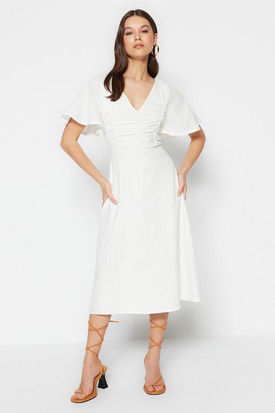 Trendyol Collection Ecru A-Cut Gather Detailed Midi Woven Dress TWOSS23EL00881
