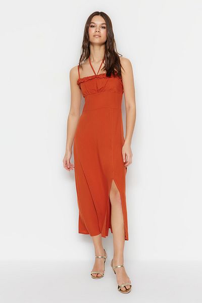 Trendyol Collection Φόρεμα από πλακάκι Μίντι με υφαντό σκίσιμο Λεπτομερές υφαντό φόρεμα TWOSS23EL01696