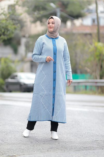 Zey&Ka Butik Large Size Cotonite Pique Printed Long Knitwear Cardigan