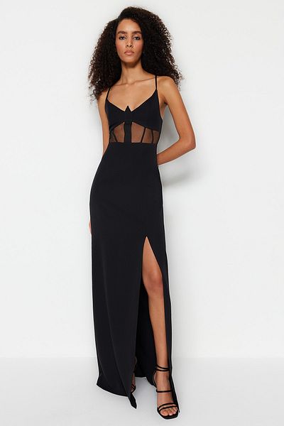 Trendyol Collection Czarna tkana długa suknia wieczorowa TPRSS23AE00243