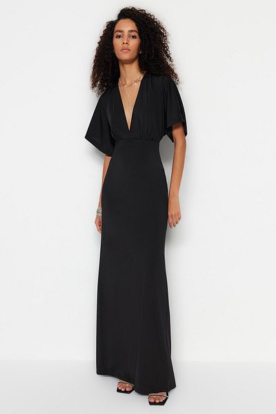 Trendyol Collection Μαύρο πλεκτό μακρύ βραδινό φόρεμα TPRSS23AE00270