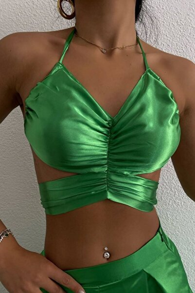 lovebox Women's Green Low-cut Butterfly Crop Blouse 12508