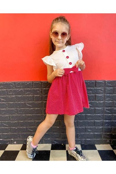Karınca Girl's Red Polka Dot Summer Combed Cotton Dress