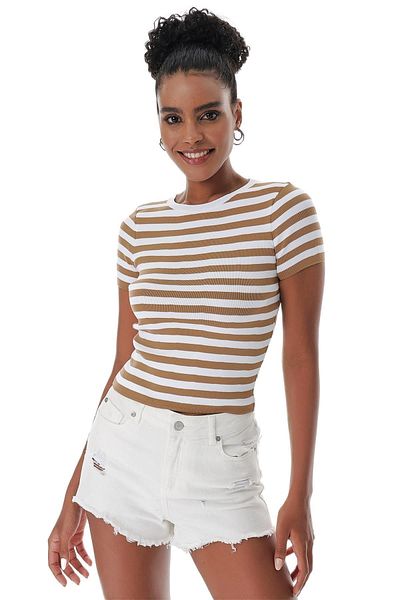 CHUBA Women's Crew Neck Striped Short Sleeve Knitwear T-shirt Tan-white 23s1011