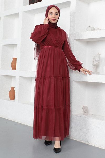 Modamihram Rochie de seara din tul cu dantela rosu Claret 19110