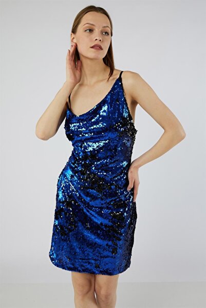 Dreamlike Double Face Çift Renk Pul Payet Asimetrik U Yaka Ayarlı Askılı Ferm...