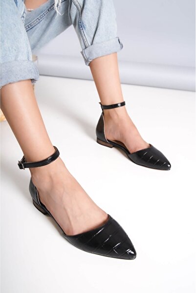 DURUNUN BUTİĞİ Folder Black Crocodile Curea la gleznă cu vârf ascuțit Balerin...