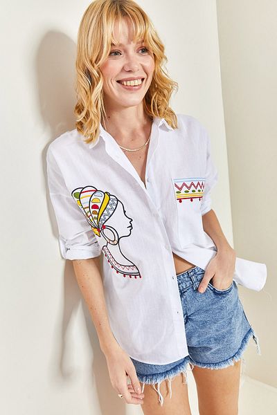 Bianco Lucci Women's Embroidered Linen Shirt