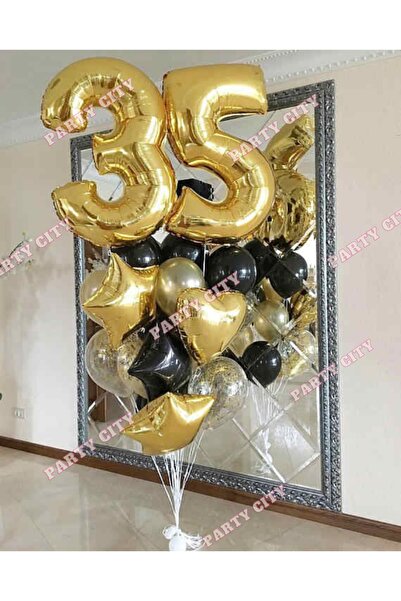 Party City 35 Yaş Gold Rakamlı Yıldızlı Kalpli Balon Konsepti 9'lu Standı Gol...