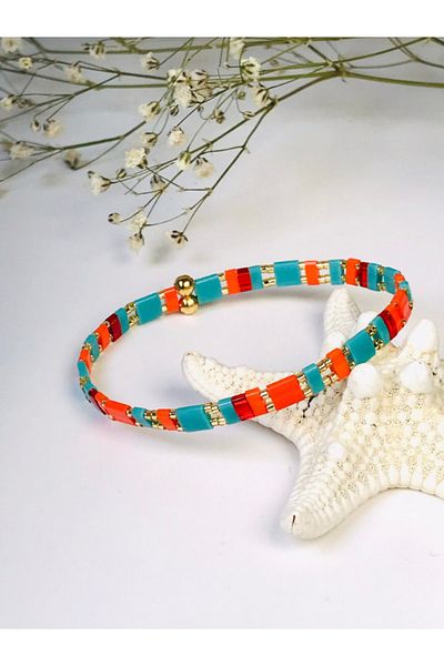 NAZLI TAKILAR Women's Turquoise Orange and Gold Colors Elastic Tila Bracelet