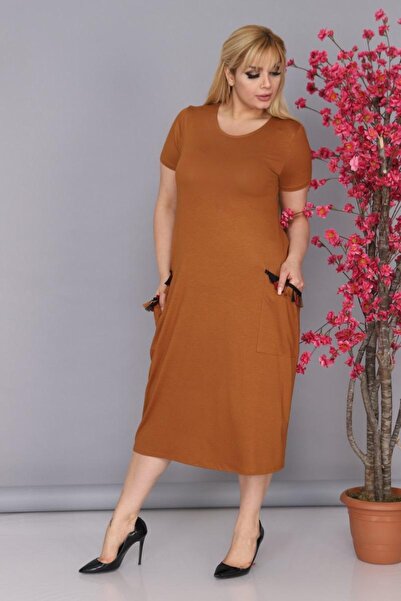 mami butik Plus Size Ethnic Double Pocket Knee Length Short Sleeve Comfortable Cut Viscose Combed Cotton Dress