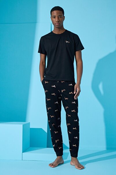 Pijamaevi Čierna súprava pánskeho pyžama s krátkym rukávom Dogg s potlačou