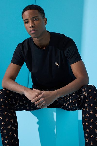 Pijamaevi Black Deer Printed Short Sleeve Men's Pajama Set