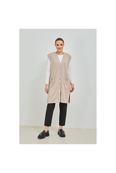Fresh&Moda Women's Cream Long Pocket Buttoned Combed Cotton Mother Large Size Tunic Vest
