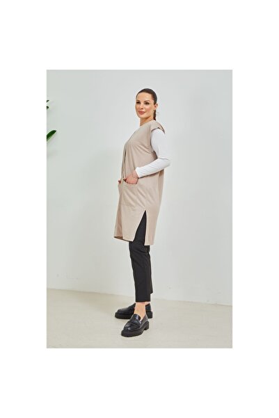 Fresh&Moda Women's Cream Long Pocket Buttoned Combed Cotton Mother Large Size Tunic Vest