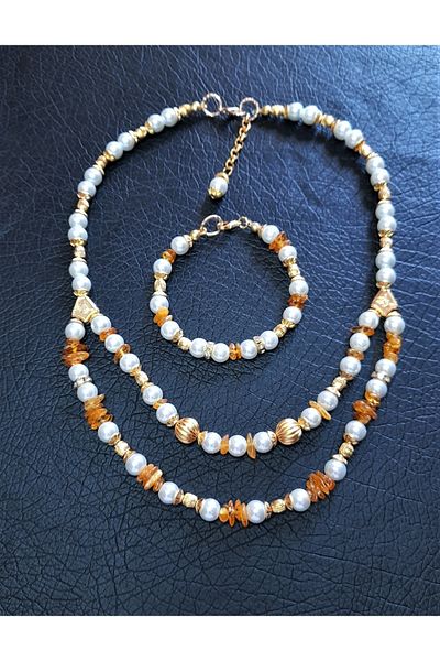 Asteria Elite Amber And Plated Beaded Necklace Bracelet Set