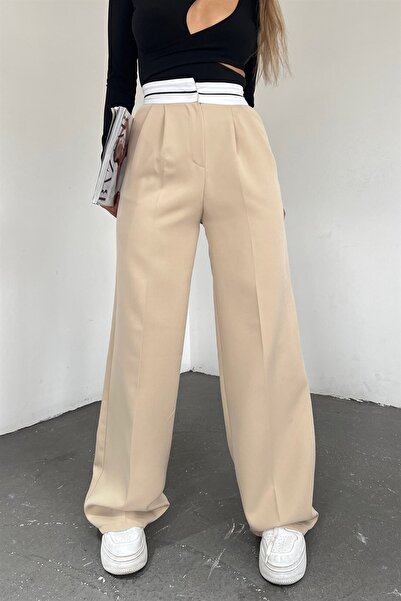 Neşeli Butik Γυναικείο μπεζ παντελόνι Palazzo με τσέπες Qns037