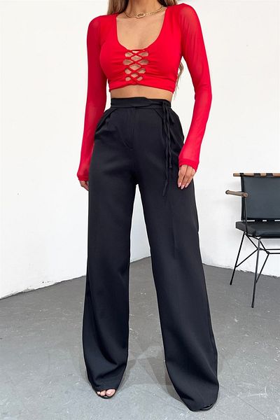 Neşeli Butik Women's Black Trousers - Tie Detailed, Qns041