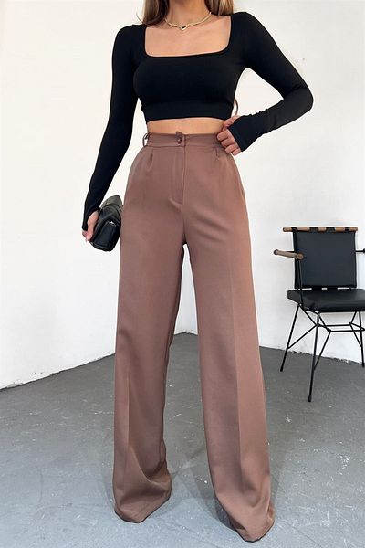 Neşeli Butik Women's Brown High Waist Palazzo Trousers Qns044