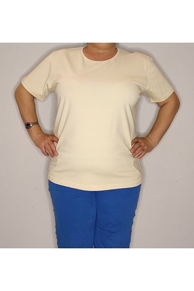 Bomenti Life Cream Women's Large Size Regular -normal Cut Basic Crew Neck Lycra T-Shirt