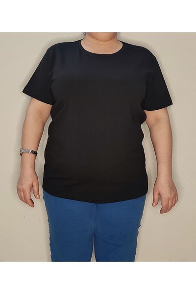 Bomenti Life Black Women's Large Size Regular - Regular Cut Basic Crew Neck Lycra T-Shirt