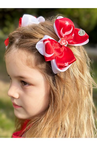 QUEEN AKSESUAR Luxury Red White 2-Piece Brooch Bow Side Buckle with Turkish Flag 23 April 19 May School Show Eid