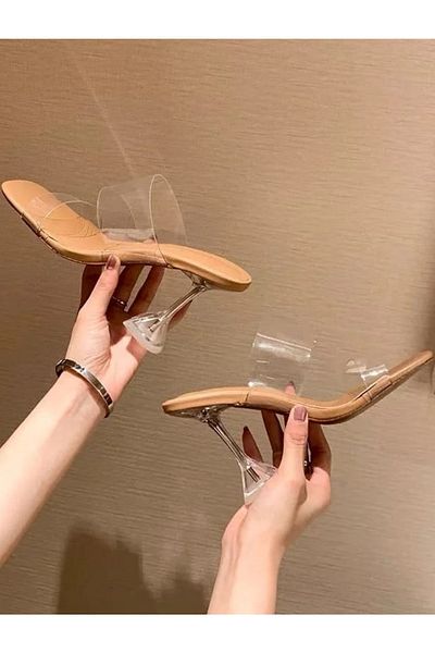TrendyAnka Women's Nude Skin Beige 8 cm Transparent Heeled Blunt Square Toe Slippers Shoes Sandals