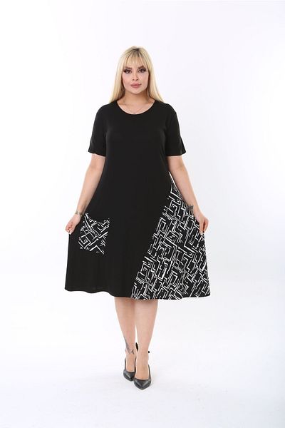 mezura tekstil Cross Detailed Single Pocket Knee Length Short Sleeve Midi Length Stylish Summer Combed Cotton Dress