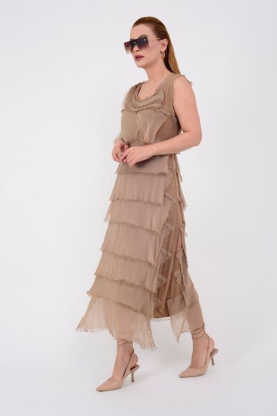 Bohem Stil Μεταξωτό φόρεμα 2 μεγεθών Camel Italian Layer - φαίνεται λεπτό