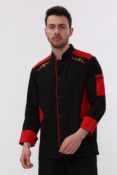 Uniprom Black-Red Long Sleeve Cook Jacket - Chef Waiter with Apron Embroidery and Pockets