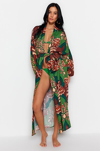 Trendyol Collection Maxi velikost Tropické vzorované bavlněné kimono a kaftan - TBESS23KM00057