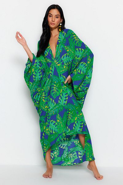 Trendyol Collection Trópusi mintás széles szabású Maxi Woven Gathered strandruha TBESS23EL00274