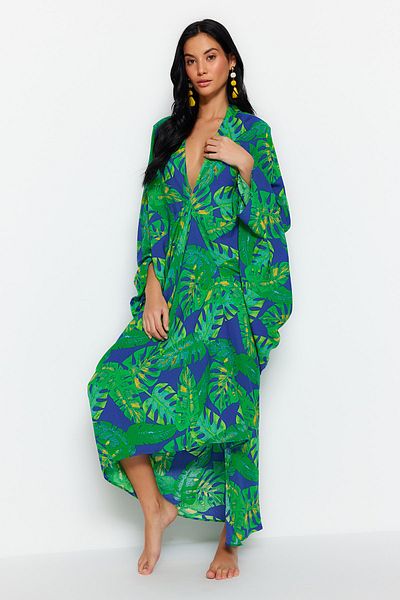 Trendyol Collection Trópusi mintás széles szabású Maxi Woven Gathered strandruha TBESS23EL00274
