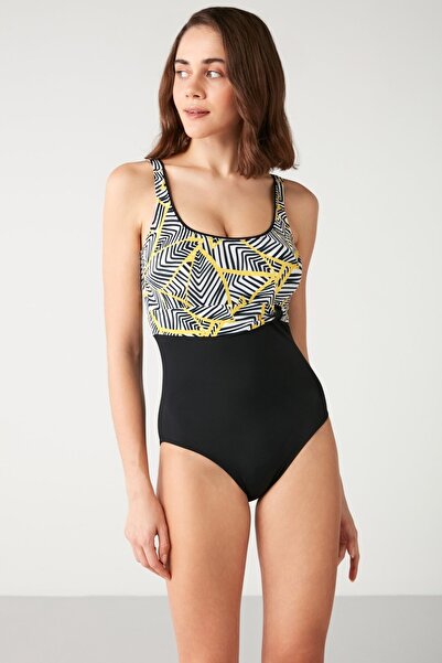 Kom Kaplı Kuninc Çizgi Desenli Parlak Biyeli Yuvarlak Yaka Mayo